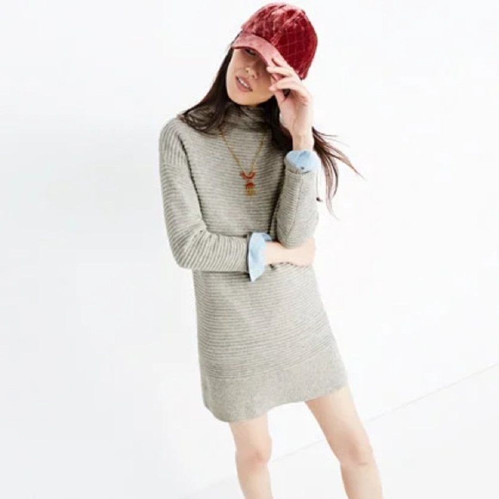 Madewell Skyscraper Funnelneck Sweater Dress 100% Merino Wool Gray